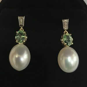 South Sea Pearls with Demantoid Garnet and Tapered Baguette Diamond Earrings