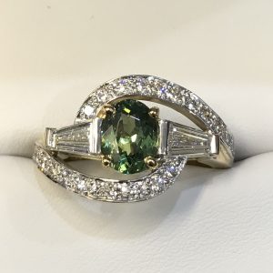 Demantoid Garnet & Tapered Baguette Diamond Ring