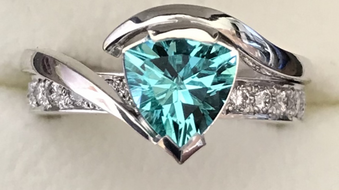 Paraiba Trilliant Cut Tourmaline & Diamond Ring top view