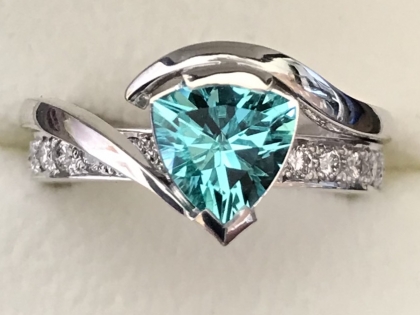 Paraiba Trilliant Cut Tourmaline & Diamond Ring top view