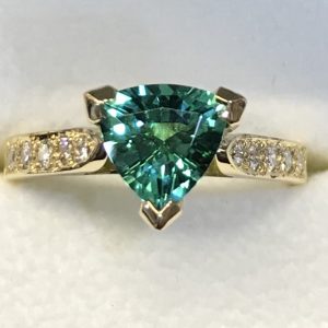 Trilliant cut Teal coloured Tourmaline & Diamond Ring