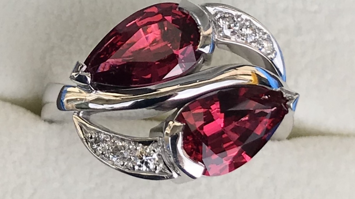 Burmese Red Pear-shaped Spinel and Diamond Ring top view